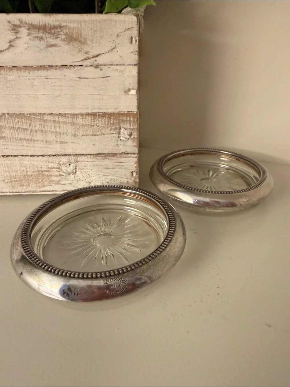 Vintage Leonard Italy Silverplate Glass Coasters Set of 2 Starburst Beaded Rim